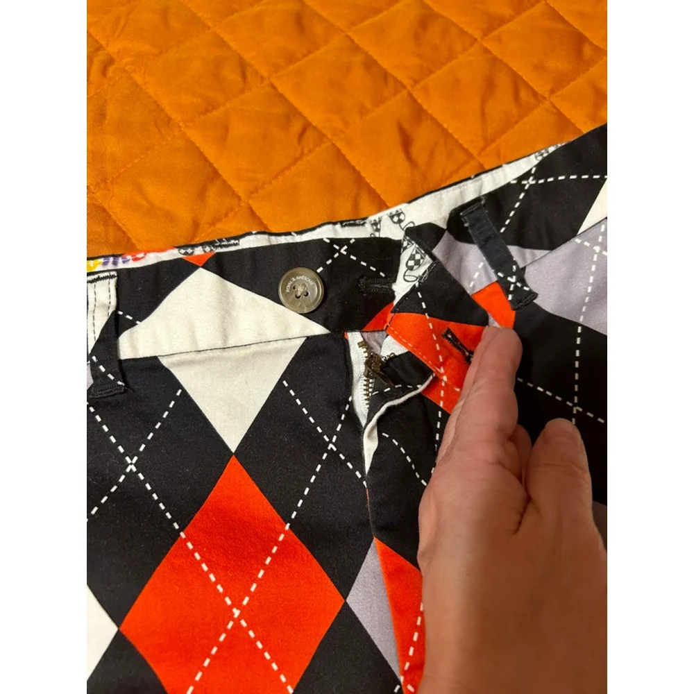 Men's Royal & Awesome Flat Front Golf Chino Shorts Size 36 Black Orange Argyle